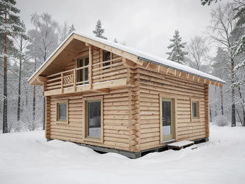 Floor Plan 1 exterior rendering — 24' × 28' Alaska log home
